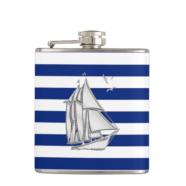 Flasques Chrome Sailboat sur Navy Stripes (Devant)