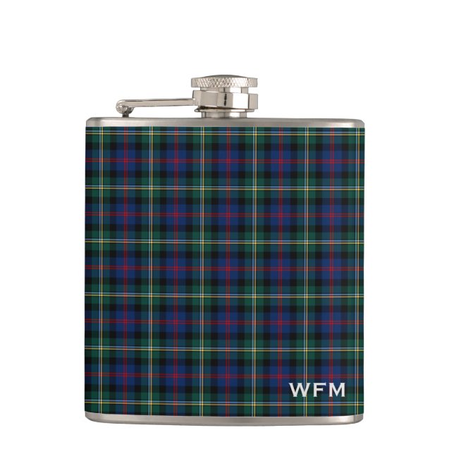Flasques Clan Malcolm Tartan bleu foncé et Monogramme vert (Devant)