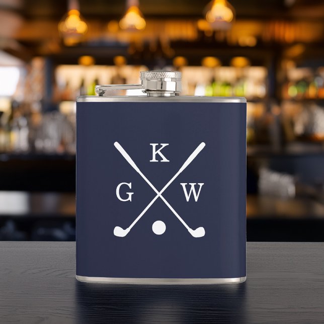 Flasques Clubs de golf bleu et blanc de la Marine Monogramm (Créateur téléchargé)