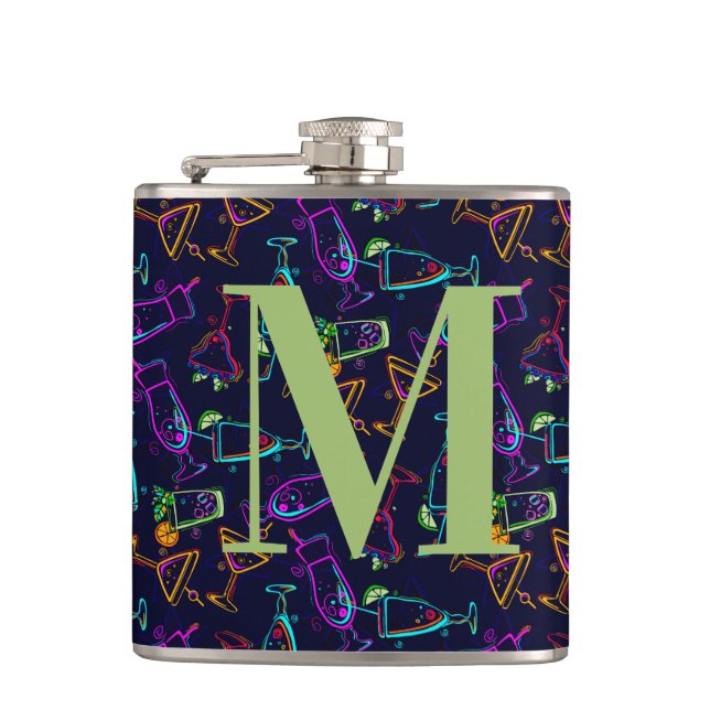Flasques Cocktails Neon sur Monogramme Noir Personnaliser B (Devant)