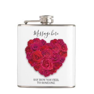 Flasques Cœur Floral Romantique Rose Rouge Texte Personnali