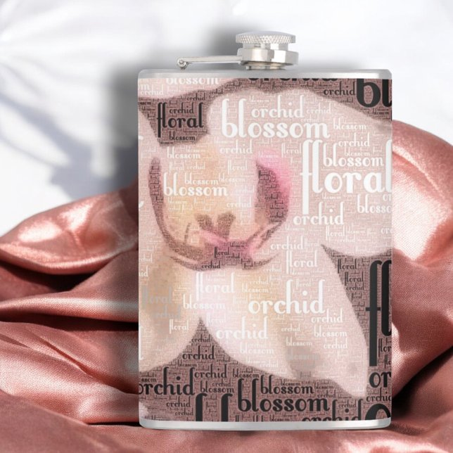 Flasques Collage rose Gold Orchid Floral Blossom (8 oz flask front word cloud orchid design)