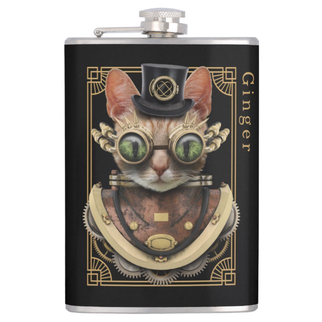 Flasques Cool Steampunk Orange Tabby Chat avec nom (Devant)