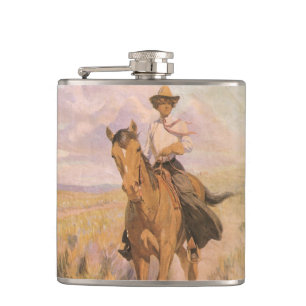 Flasques Cowgirl vintage Cowboy, Femme à cheval par Dunton