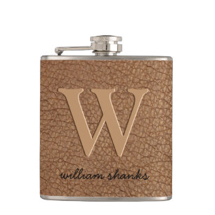 Flasques Cuir brun rustique noir or chic monogramme nom