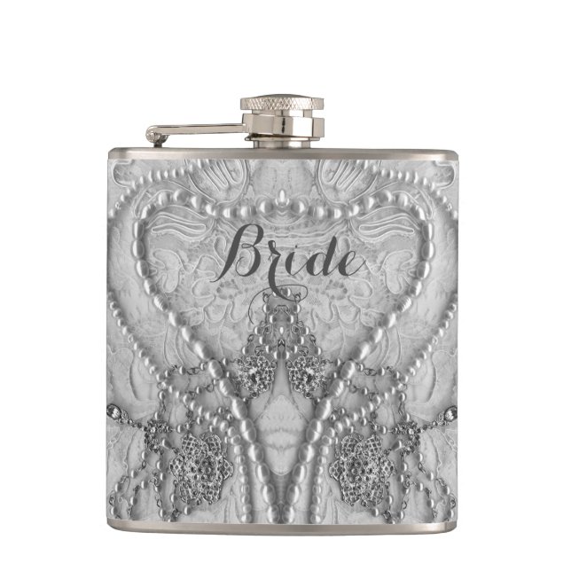 Flasques Dentelle blanche ivoire et fiole de mariée Purls (Devant)