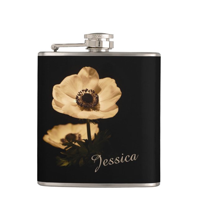 Flasques Elegant Anemone Flower Black Personalised (Devant)