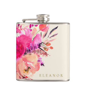 Flasques Élégant floral aquarelle rose personnalisé pour un