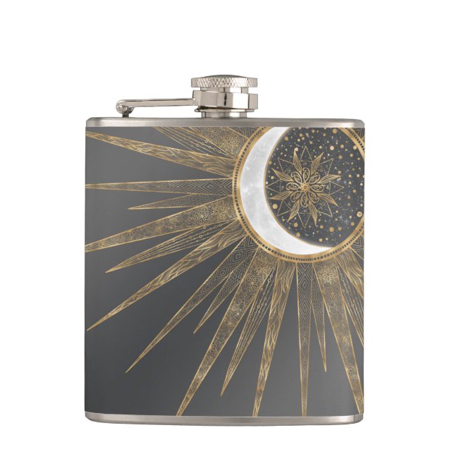 Flasques Elegant Gold Doodles Sun Moon Mandala Design (Devant)