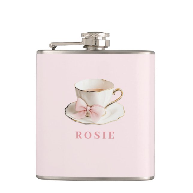 Flasques Elégante Coquette Preppy Pink Teacup avec Bow (Devant)