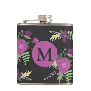 Flasques Élégante Fleurs violettes Art sur Monogramme noir