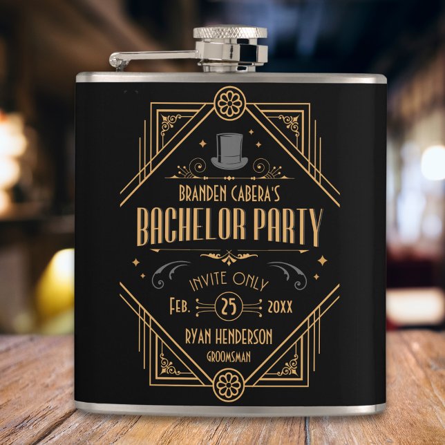 Flasques Enterrement de vie de garçon | Speakeasy Art Déco  (Art Deco 1920s speakeasy flask bachelor party favors for groomsmen and best man black and gold)