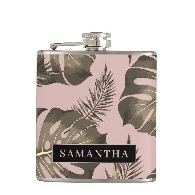 Flasques Feuille Tropical Pink & Gold Palm Motif et nom (Devant)