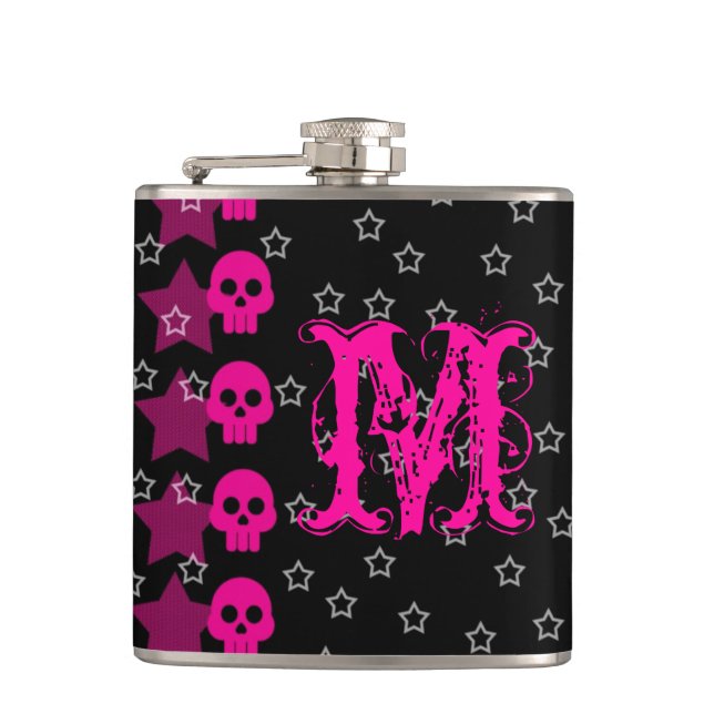 Flasques Fille Crâne EMO Punk Rocker Monogramme Whiskey Fla (Devant)