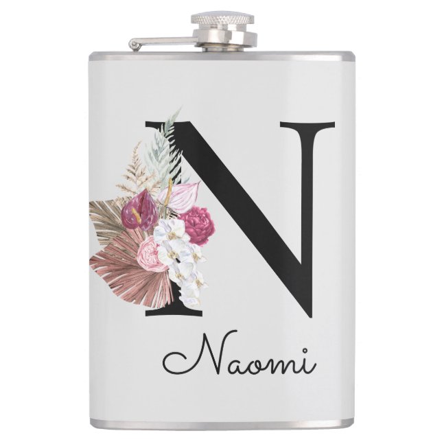 Flasques Fleur initiale rose boho brodée N (Devant)