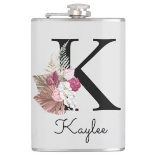 Flasques Fleur rose bohème personnalisée avec initiale K