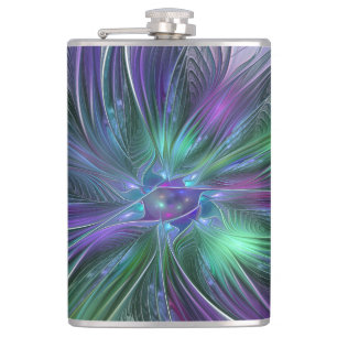 Flasques Fleur verte abstraite moderne d'art fractal violet