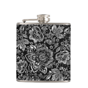 Flasques Fleurs argentées noires et brillantes Motif Damas