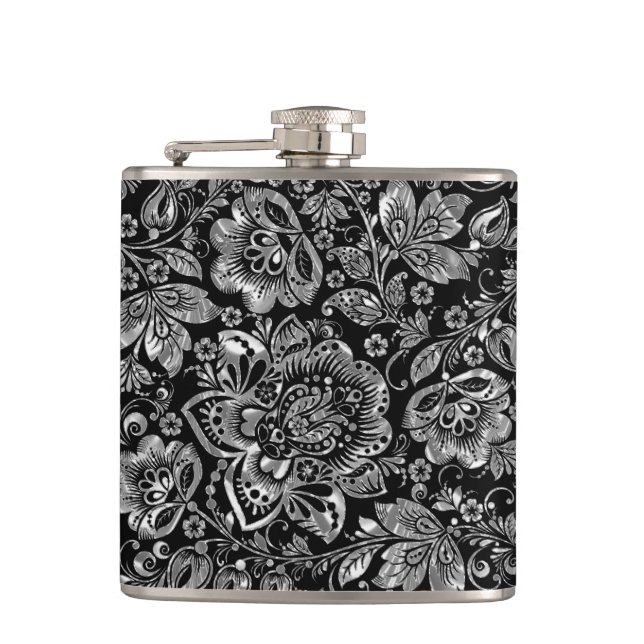 Flasques Fleurs argentées noires et brillantes Motif Damas (Devant)