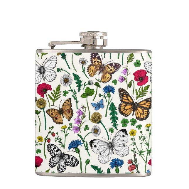 Flasques Fleurs sauvages et papillons sur blanc (Devant)