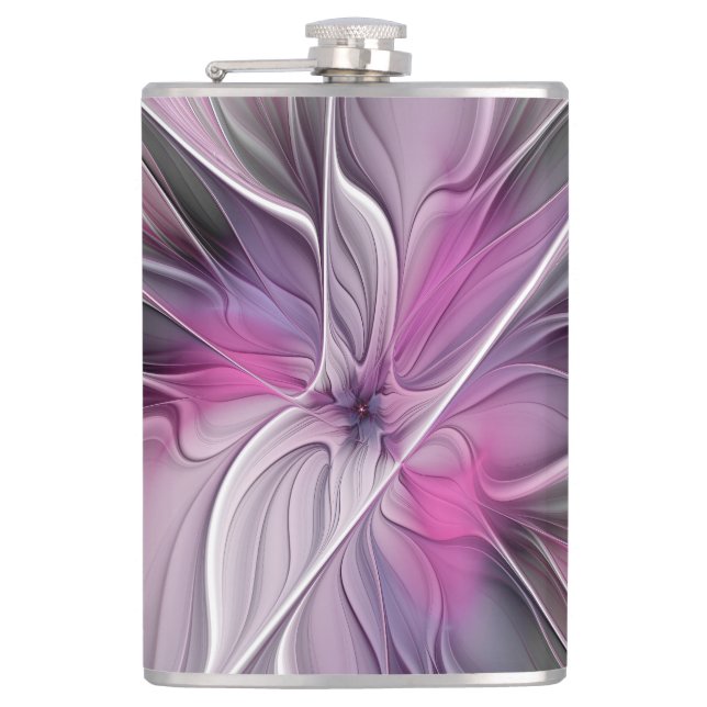 Flasques Floral Fractal moderne Fleur Abstraite rose gris (Devant)