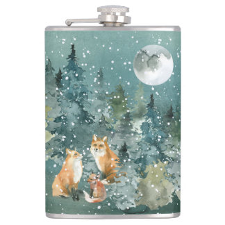 Flasques Fox Family Forest Pleine lune Snowfall