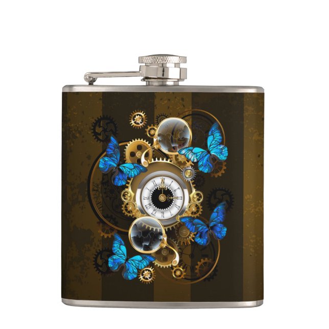 Flasques Gears of Steampunk and Blue Butterflies (Devant)