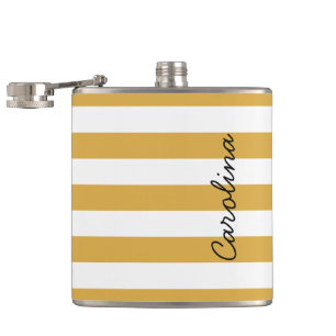 Flasques Gold White Stripes Motif Black Custom Name