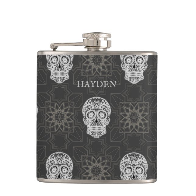 Flasques Gothic Sugar Skull and Grey Geometric Personalised (Devant)