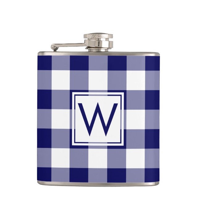 Flasques Gras Marine et blanc Plaid Motif avec Monogramme (Devant)
