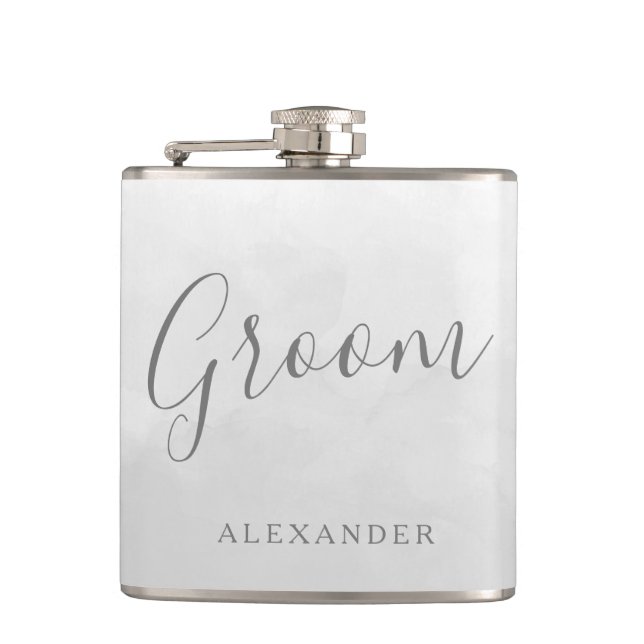 Flasques Gray moderne Silver Grooms Mariage Faveur Nom Cade (Devant)