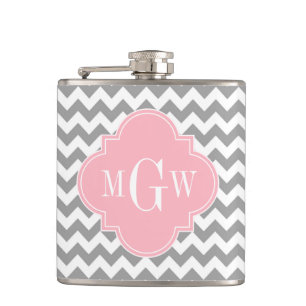 Flasques Gris blanc Chevron rose Quatrefoil 3 Monogramme