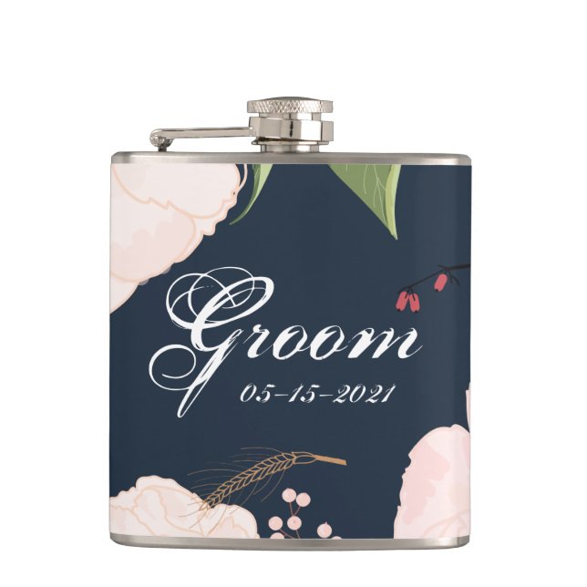 Flasques Groom Whiskey Flask Baby Pink Cosmos sur Navy (Devant)
