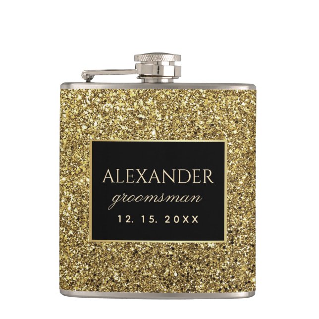 Flasques Groomsmans modernes en noir et or (Devant)