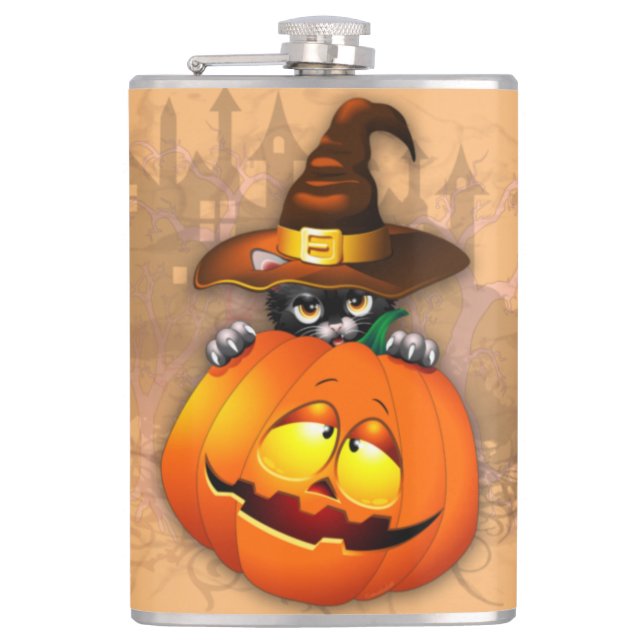Flasques Halloween Cute Kitty Witch et ami Citrouille (Devant)