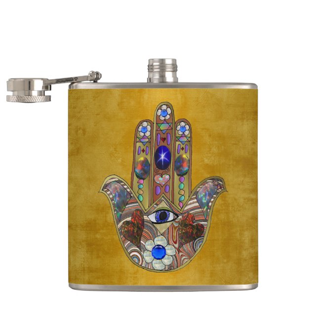 Flasques Hamsa Coeurs Fleurs Opal Art sur Or (Ouvert)