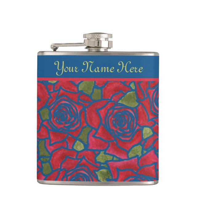 Flasques Hip Flask to Personnalize : Roses rouges sur bleu  (Devant)