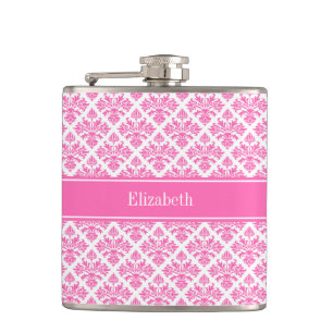 Flasques Hot Pink 2 Wht Damask #3 Hot Pink Nom Monogram