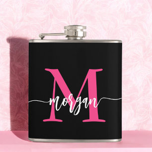 Flasques Hot rose noir Monogramme Fille de Bachelorette Par