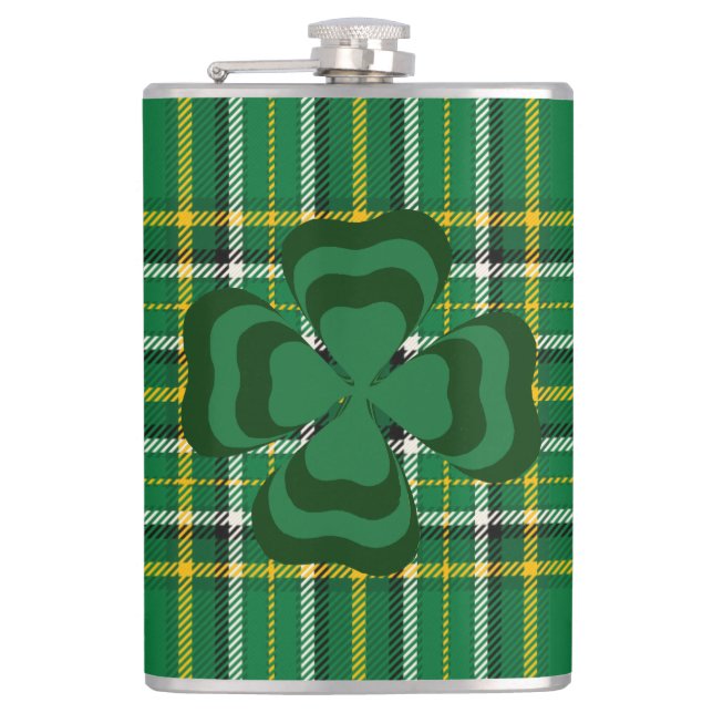 Flasques Irlande National Tartan, Shamrock, Ajouter un nom (Devant)