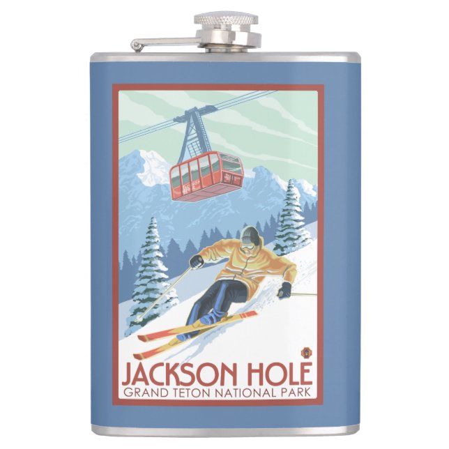 Flasques Jackson Hole, skieur du Wyoming et tram (Devant)