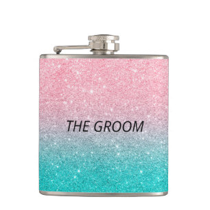 Flasques La Groom Turquoise et parties scintillant rose omb