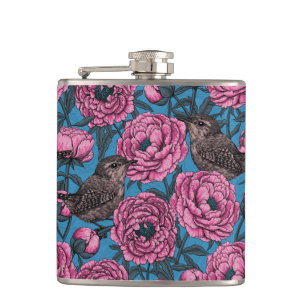 Flasques Les pivoines et les brindilles sur le bleu