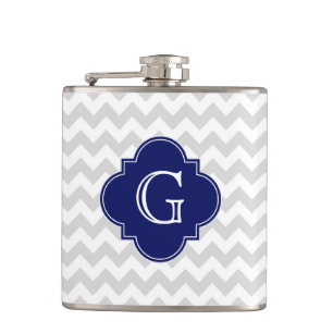 Flasques Light Gray White Chevron Navy Quatrefoil Monogram