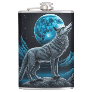 Flasques Loup solitaire et Pleine lune noir et bleu