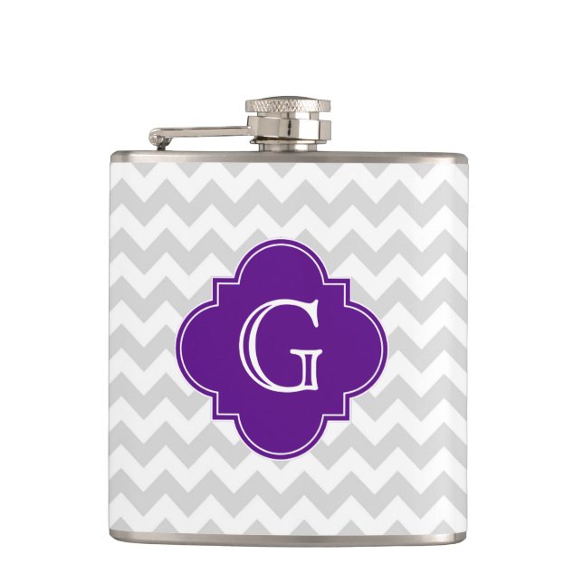 Flasques Lt Grey Blanc Chevron Violet Quatrefoil Monogramme (Devant)
