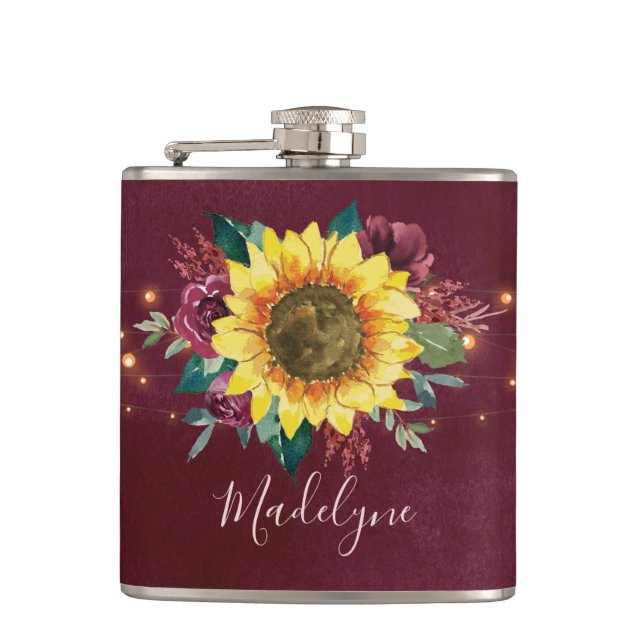 Flasques Lumières de tournesol Bourgogne Monogramme floral (Devant)