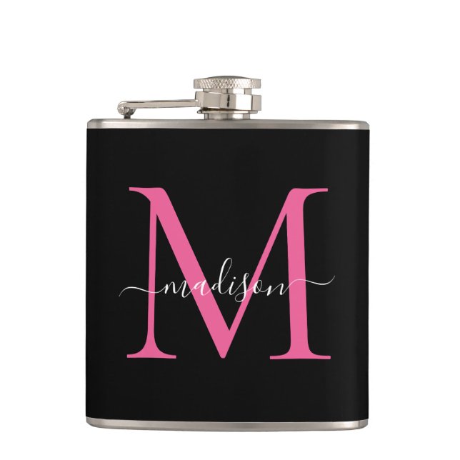 Flasques Magenta noir Hot Rose moderne Monogramme Nom du sc (Devant)
