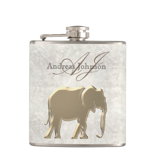 Flasques Marbre blanc et or Eléphant Élégant Monogramme (Devant)