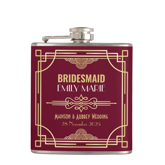 Flasques Mariage Art Déco Bridesmaid Gold Burgundy Favorise (Devant)